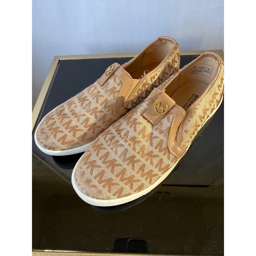Michael Kors Noa Tan Gold Monogram Logo Slip On Sneakers Shoes Womens Size 3 - Picture 2 of 6